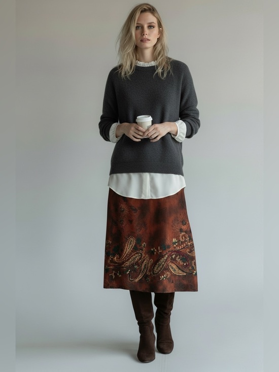 Requirements Dresses & Skirts - Requirements Faux Suede Paisley A-Line Midi Skirt Women’s Size 10 Brown Grunge